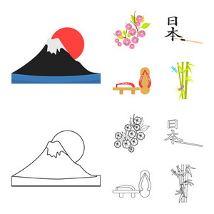 花, 樱花, 竹子, 象形文字。日本集合图标在卡通, 轮廓风格矢量符号股票插画网站