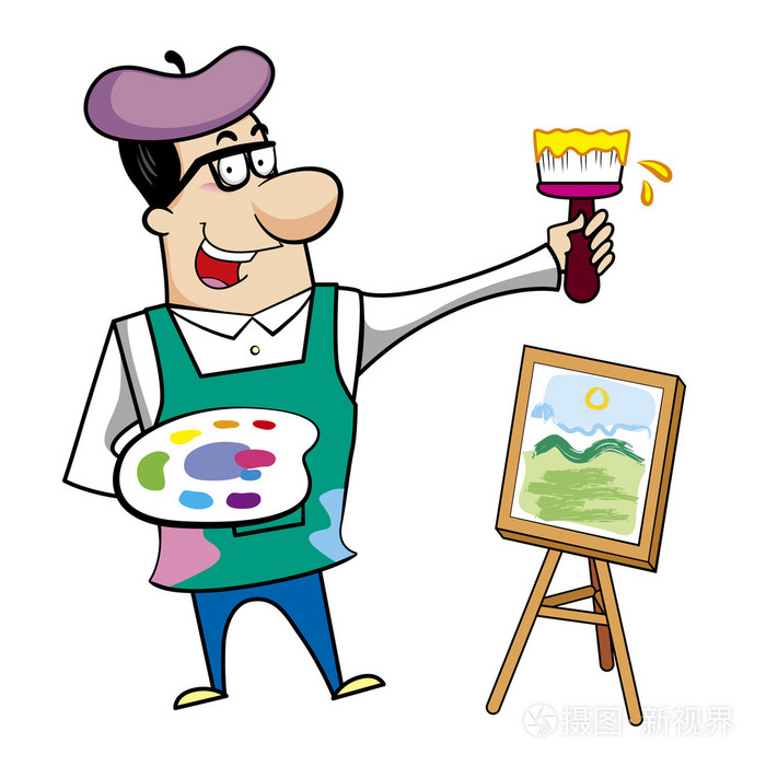 用画笔和画布画架卡通艺术家