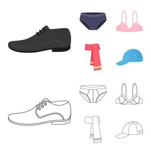 男鞋, 胸罩, 内裤, 围巾, 皮革。服装套装集合图标卡通, 轮廓风格矢量符号股票插画网站