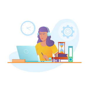 教育网络矢量设计理念。戴耳机的年轻女子坐在桌前, 在家里的办公室里用笔记本电脑工作。
