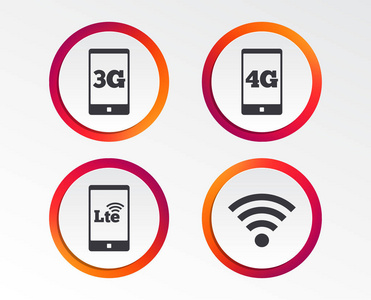 移动通信图标。3g4g 和 Lte 技术符号。无线网络和长期的发展迹象。图表设计按钮。圆形模板。向量