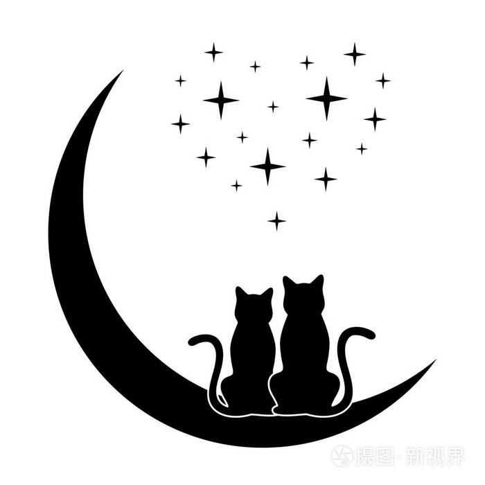 月亮上的两只猫的剪影和一个心形的星空