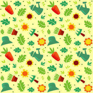 庭院图案与胡萝卜, 花盆, 花, 叶子, 帽子, 浇水罐头, 耙在柔和的黄色背景