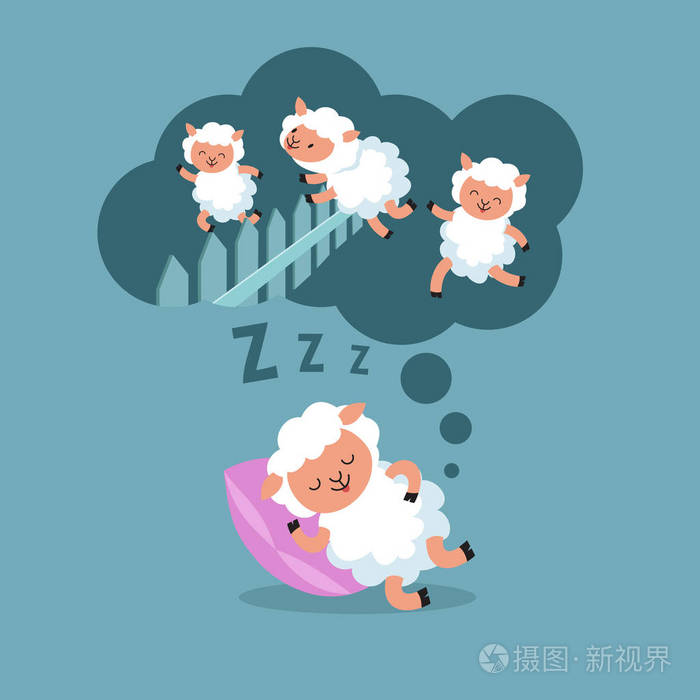 数绵羊晚上睡觉.跳跃的羔羊到快乐的梦想卡通矢量插画