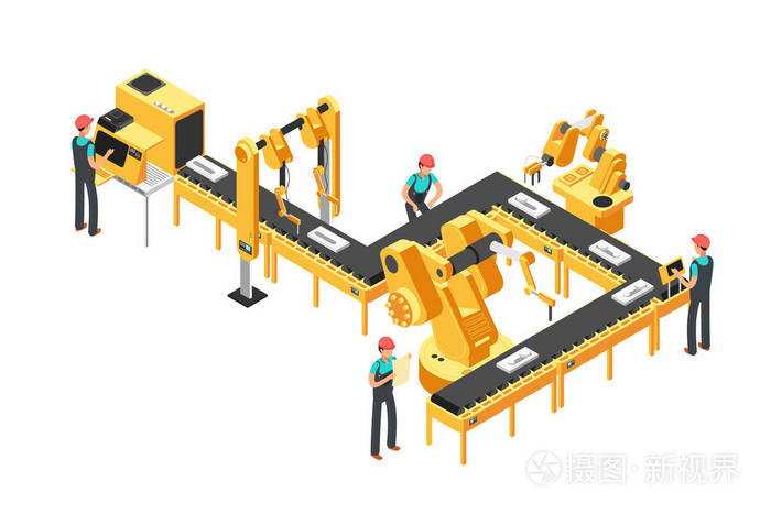 自动化生产线, 工厂输送机与工人和机器人臂等距工业矢量概念