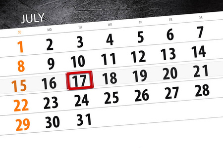 日历规划器的月份, 截止日的一周, 星期二, 2018 7月17日