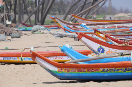 船在海滩, 印度, Puducherry Pondicherry, 联合疆土