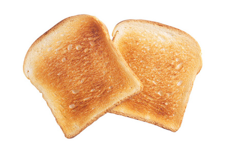 两片烤面包被隔离在白色背景上, 顶部视图