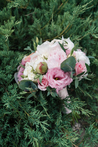 美丽的婚礼花束白色和粉红色的牡丹和玫瑰在绿色自然背景户外, 关闭