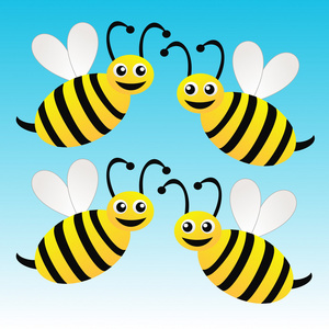 蓝色背景上的四个有趣绘制的蜜蜂