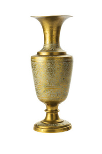 在白色背景上的青铜黄色花瓶