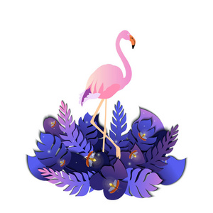 带热带叶子的粉红色火烈鸟