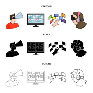 手, 监视器, 耳机, 女人。虚拟现实集合图标在卡通, 黑色, 轮廓风格矢量符号股票插画网站