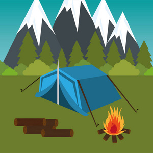 露营带帐篷和篝火
