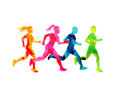 一群跑步的男人和女人保持健康。五颜六色的纹理人物剪影。矢量插图