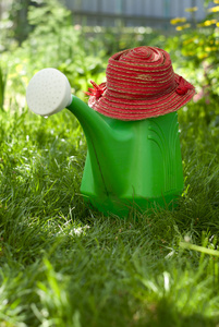 花园喷壶和一顶帽子