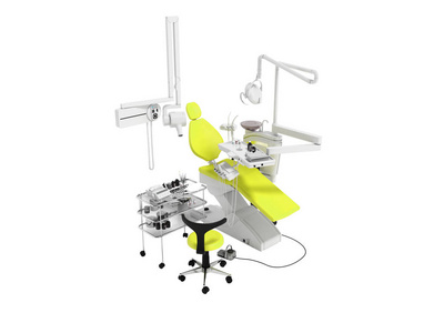 牙科用工具和用具的现代黄色牙科椅和床头表3d 渲染白色背景无阴影