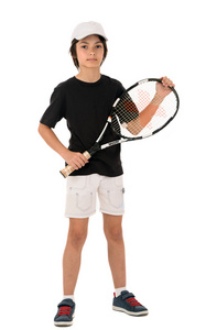 一个英俊的男孩用网球拍上惠特孤立的肖像