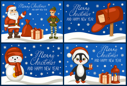 圣诞快乐, 新年愉快。一套贺卡。圣诞老人, 企鹅, 雪人, 收件箱, 精灵, 礼物, 雪。卡通风格。矢量插图
