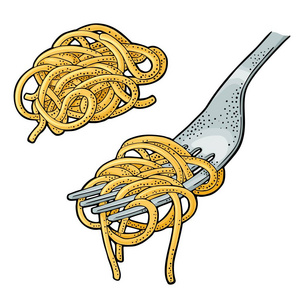 叉子上的意大利面向量复古雕刻彩色插图查出的白色背景。手绘设计元素