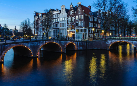 荷兰阿姆斯特丹运河桥上的日落
