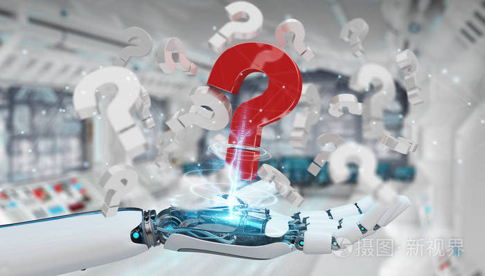 白色机器人手在模糊的背景使用数字问号3d 渲染