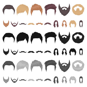 胡子和胡须, 发型卡通图标集为设计集合。时尚发型矢量符号股票网页插图