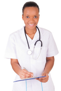 非洲裔美国女人医生一在白色的背景