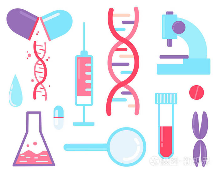 基因组测序-医学检验.一组元素 dna, 注射器, 放大镜
