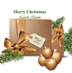 圣诞快乐与黄金礼品盒。冬季假期矢量写实插图