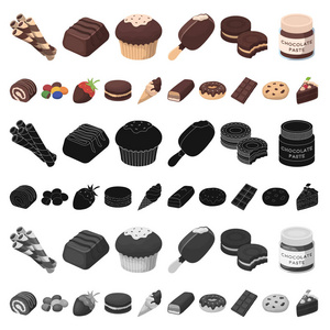 巧克力甜点卡通图标集的设计。巧克力和糖果矢量符号股票网页插图