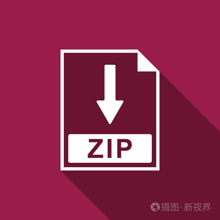 zip 文件文档图标.下载 zip 按钮图标与长阴影隔离.平面设计.矢量插图