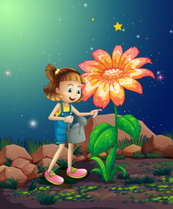 一个小女孩浇水的巨型植物