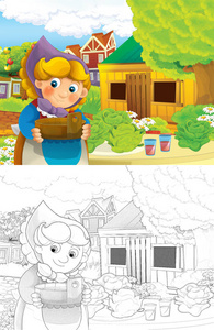 动画片场景与愉快的农民妇女在农场工作着色页例证儿童