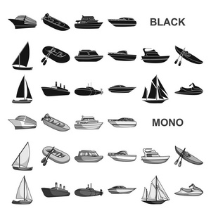 水和海运的黑色图标集合中的设计。各种船和船矢量符号股票网站插图
