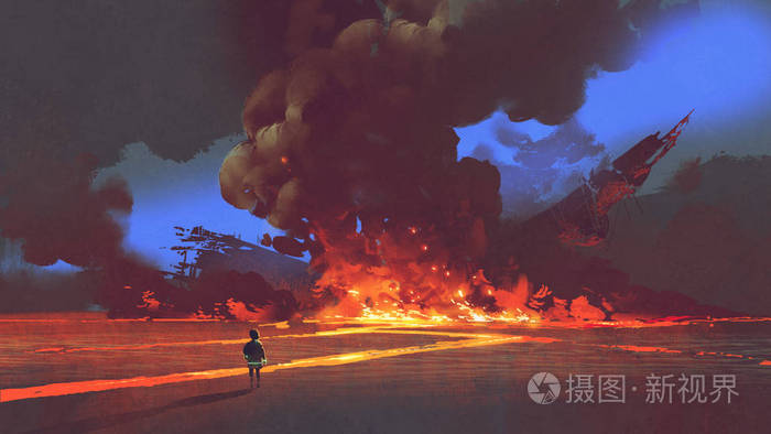 男孩看在崩溃的太空飞船以爆炸, 数字式艺术样式, 例证绘画