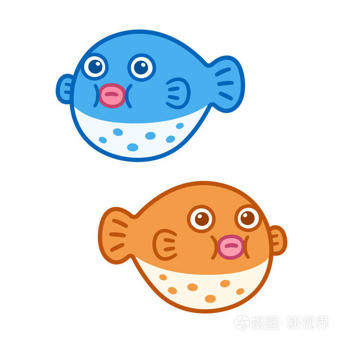 可爱的卡通河豚 (河豚鱼) 绘画, 蓝色和橙色.独立矢量