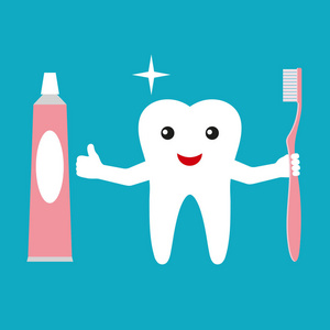 牙膏和牙刷的牙齿。逗人喜爱滑稽的卡通微笑的字符
