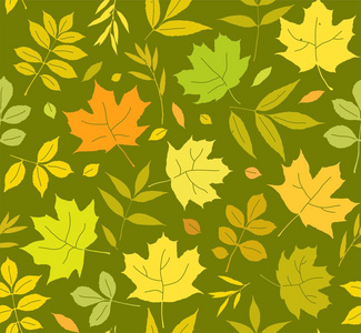秋叶无缝背景, 绿色, 矢量。黄色, 绿色和橙色叶子的绿色领域的树木。矢量颜色图案。自然, 秋天