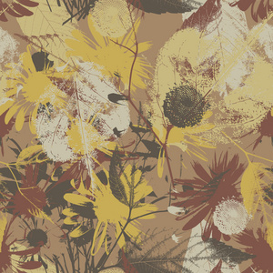 叶子和花背景与鲜花 grunge 纹理与抽象无缝模式