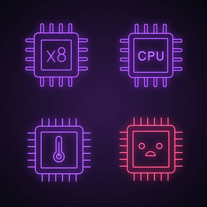 处理器霓虹灯图标设置。八内核, Cpu 处理器, 微处理器温度, 悲伤芯片。发光的迹象。矢量隔离插图