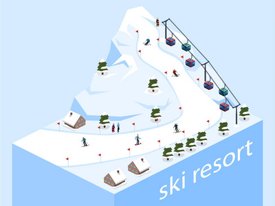 等距3d 矢量插图滑雪胜地与一辆缆车在山
