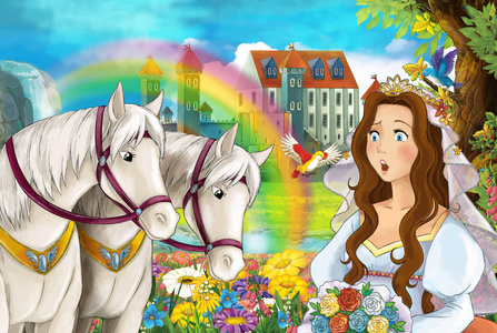 卡通场景与美丽的一对马流彩虹和宫殿的背景年轻女孩的新娘是观看和微笑的插图儿童