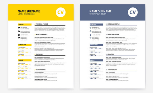 简历设计模板黄色和深蓝色矢量图片