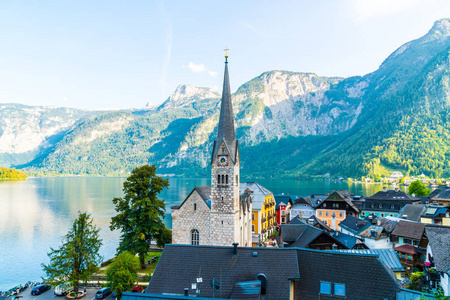 哈尔施塔特村庄在 Hallstatter 湖在奥地利阿尔卑斯, 萨尔茨卡梅谷区域, 哈尔施塔特, 奥地利