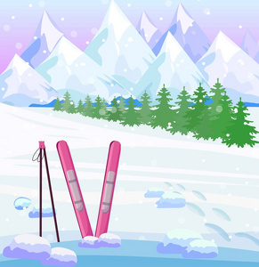 冬季滑雪背景矢量。雪山景观插图