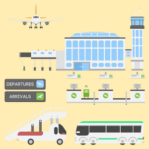 平面机场交通标志平面设计插图站概念航空港符号离境行李平面业务向量