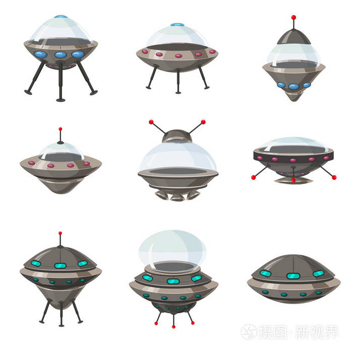 飞碟集合外星人太空飞船卡通风格孤立矢量插图