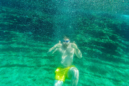 在水下游泳的人用水下眼镜。暑假