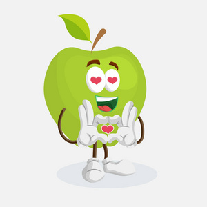 苹果吉祥物和背景在爱的姿势与平面设计风格为您的徽标或吉祥物品牌